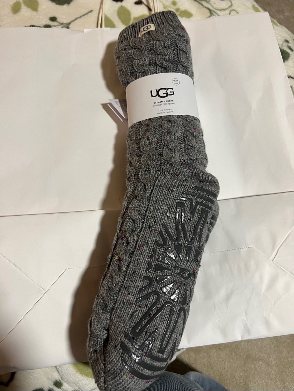 UGG Gray Cable-Knit Gripper Socks with Multicolor Speckles